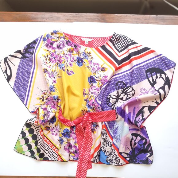 CAbi 100% Silk Scarf Top w/ Belt Kimono Style Polka Dot Floral Artsy Size Small - Picture 2 of 14